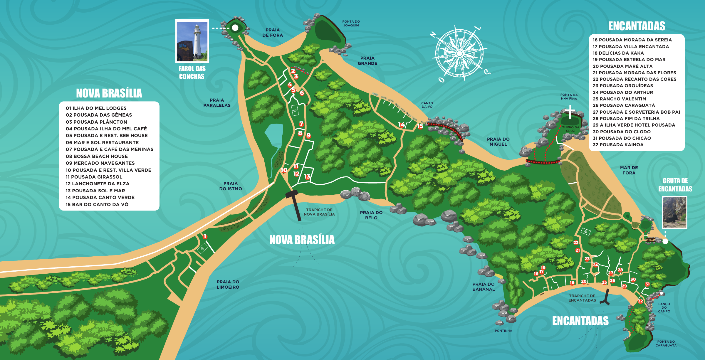 Mapa ilustrado da Ilha do Mel com estabelecimentos numerados em Nova Brasília e Encantadas, praias, trilhas, trapiches, Farol das Conchas e Gruta de Encantadas.
